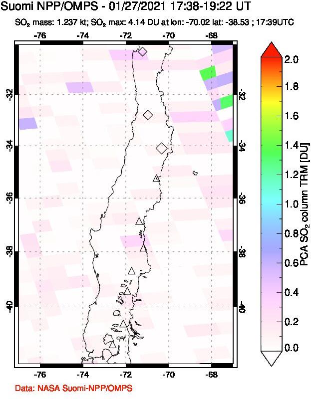 A sulfur dioxide image over Central Chile on Jan 27, 2021.