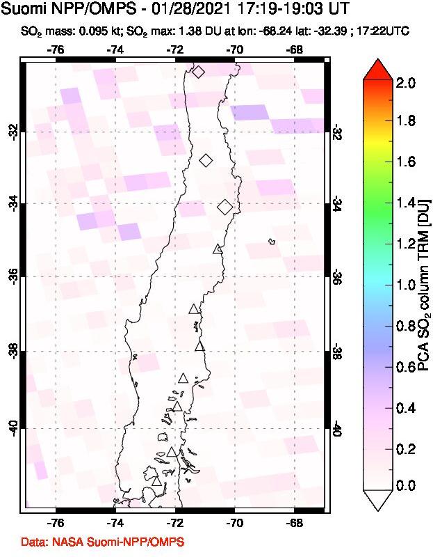 A sulfur dioxide image over Central Chile on Jan 28, 2021.