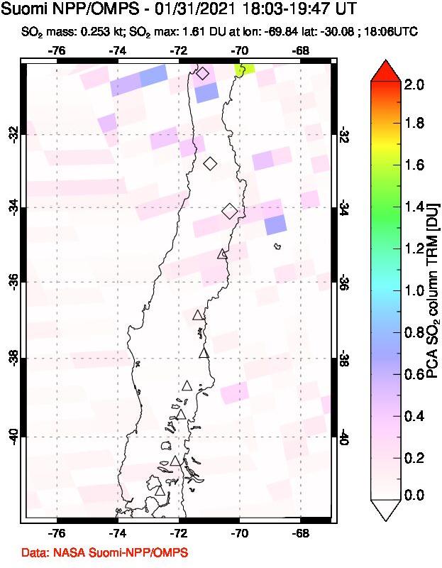 A sulfur dioxide image over Central Chile on Jan 31, 2021.