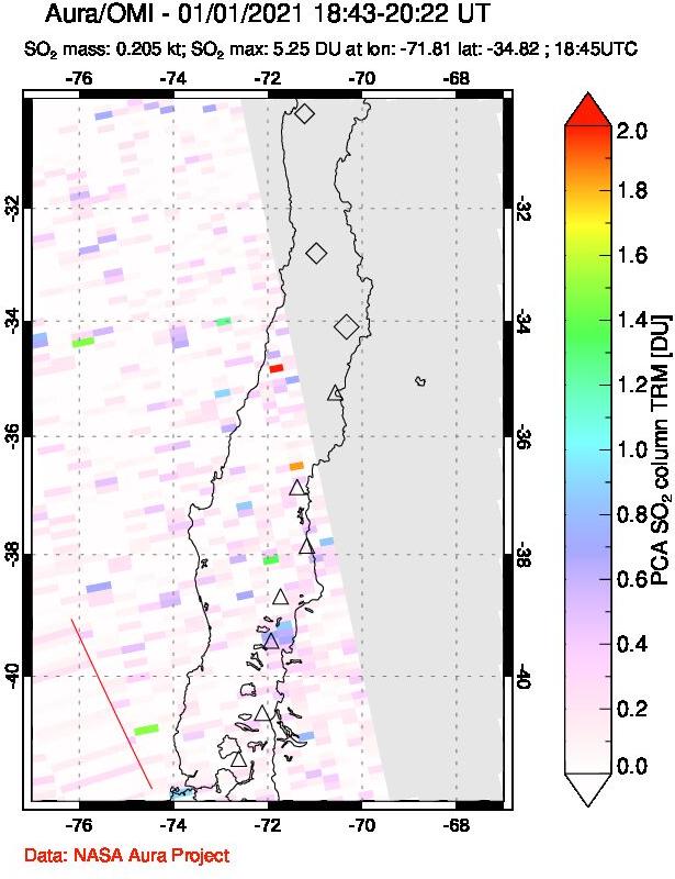 A sulfur dioxide image over Central Chile on Jan 01, 2021.