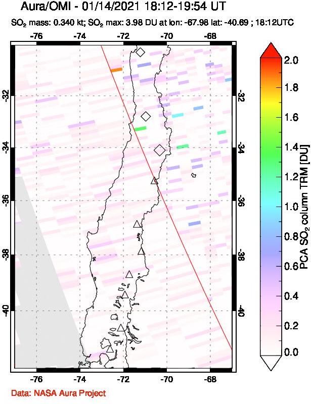A sulfur dioxide image over Central Chile on Jan 14, 2021.