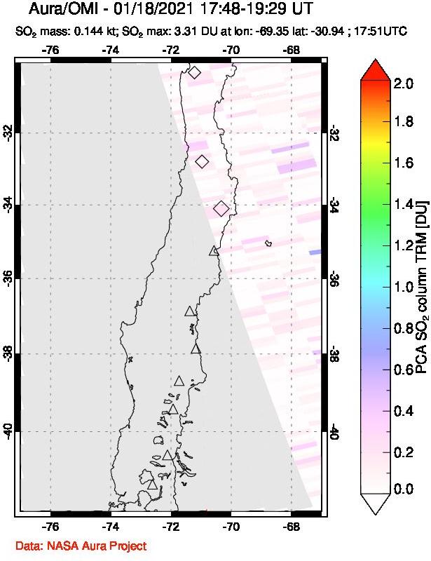 A sulfur dioxide image over Central Chile on Jan 18, 2021.