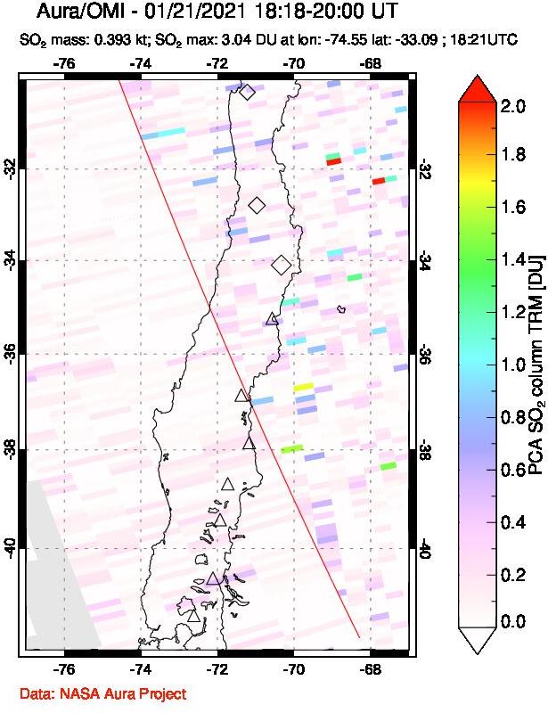 A sulfur dioxide image over Central Chile on Jan 21, 2021.