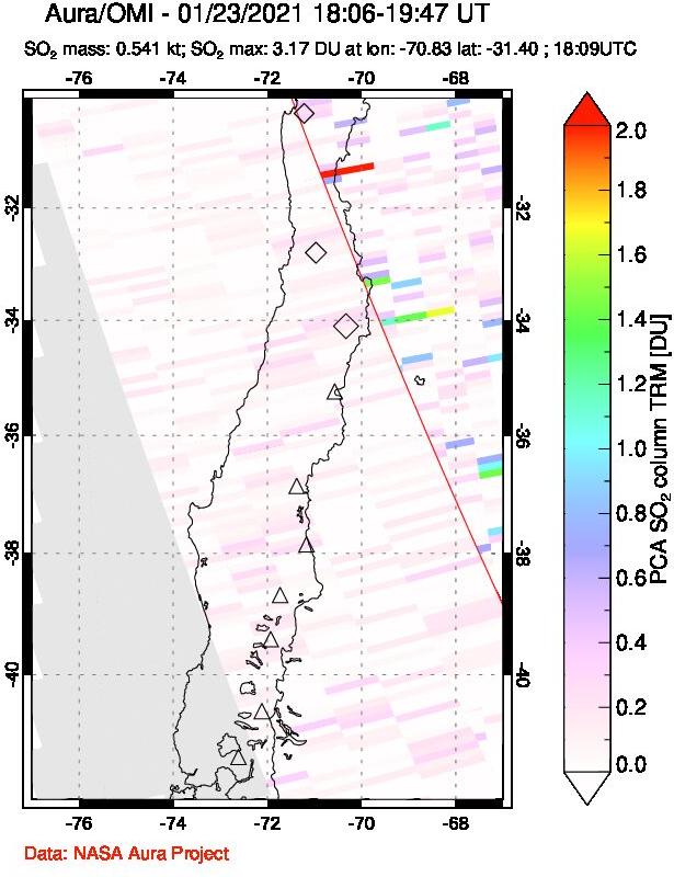 A sulfur dioxide image over Central Chile on Jan 23, 2021.