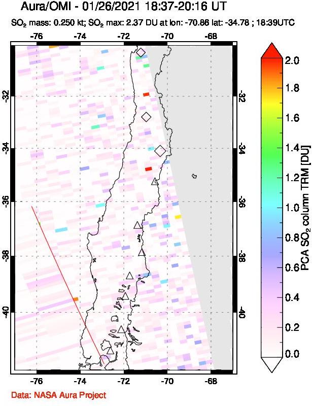 A sulfur dioxide image over Central Chile on Jan 26, 2021.
