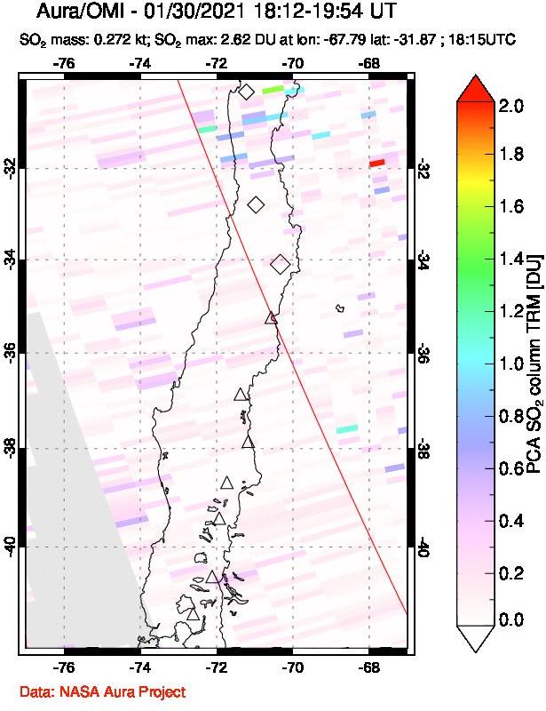 A sulfur dioxide image over Central Chile on Jan 30, 2021.