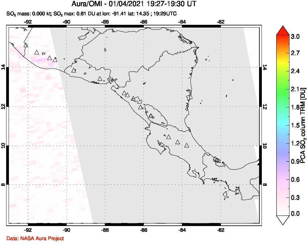 A sulfur dioxide image over Central America on Jan 04, 2021.