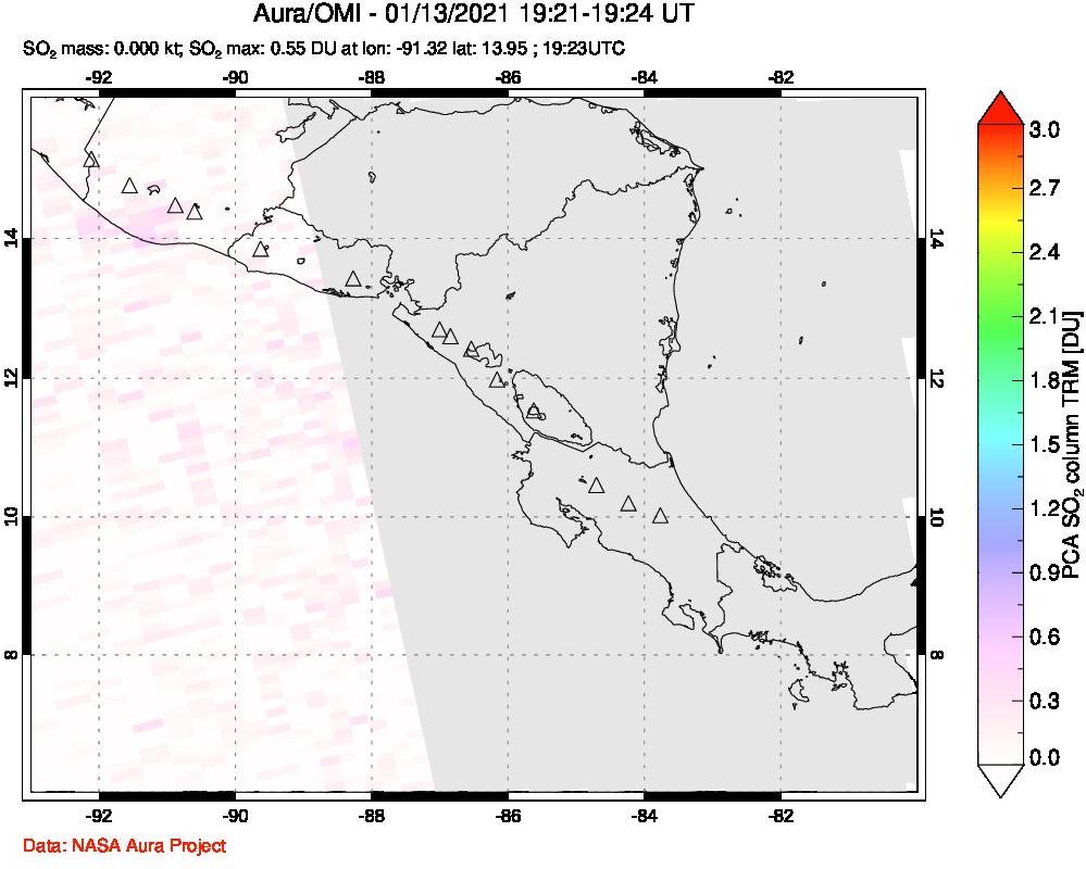 A sulfur dioxide image over Central America on Jan 13, 2021.