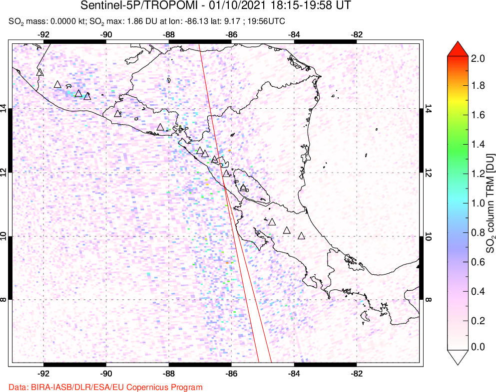 A sulfur dioxide image over Central America on Jan 10, 2021.