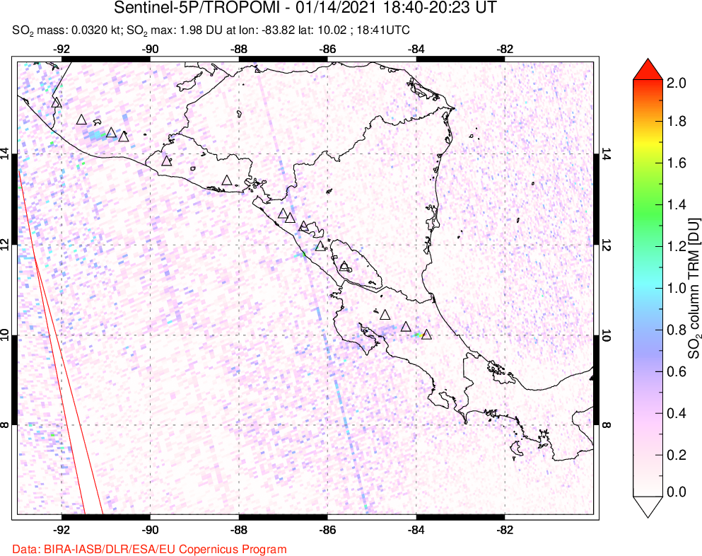 A sulfur dioxide image over Central America on Jan 14, 2021.