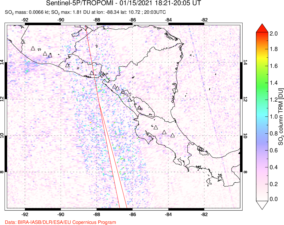 A sulfur dioxide image over Central America on Jan 15, 2021.
