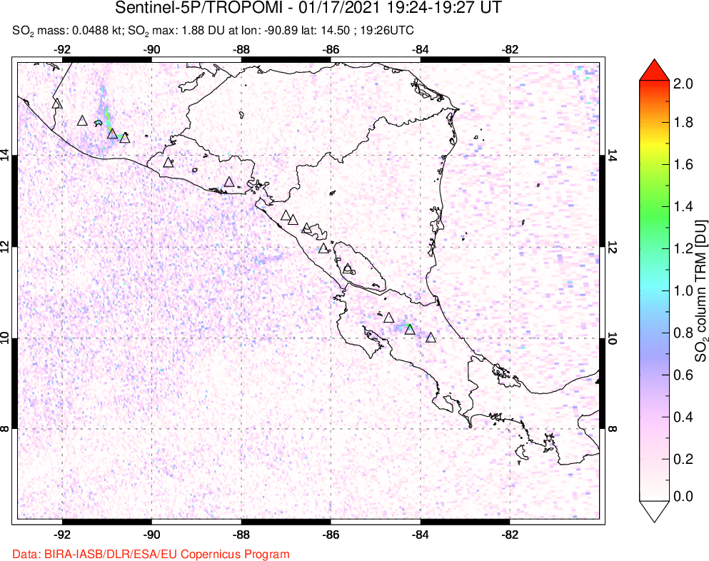 A sulfur dioxide image over Central America on Jan 17, 2021.