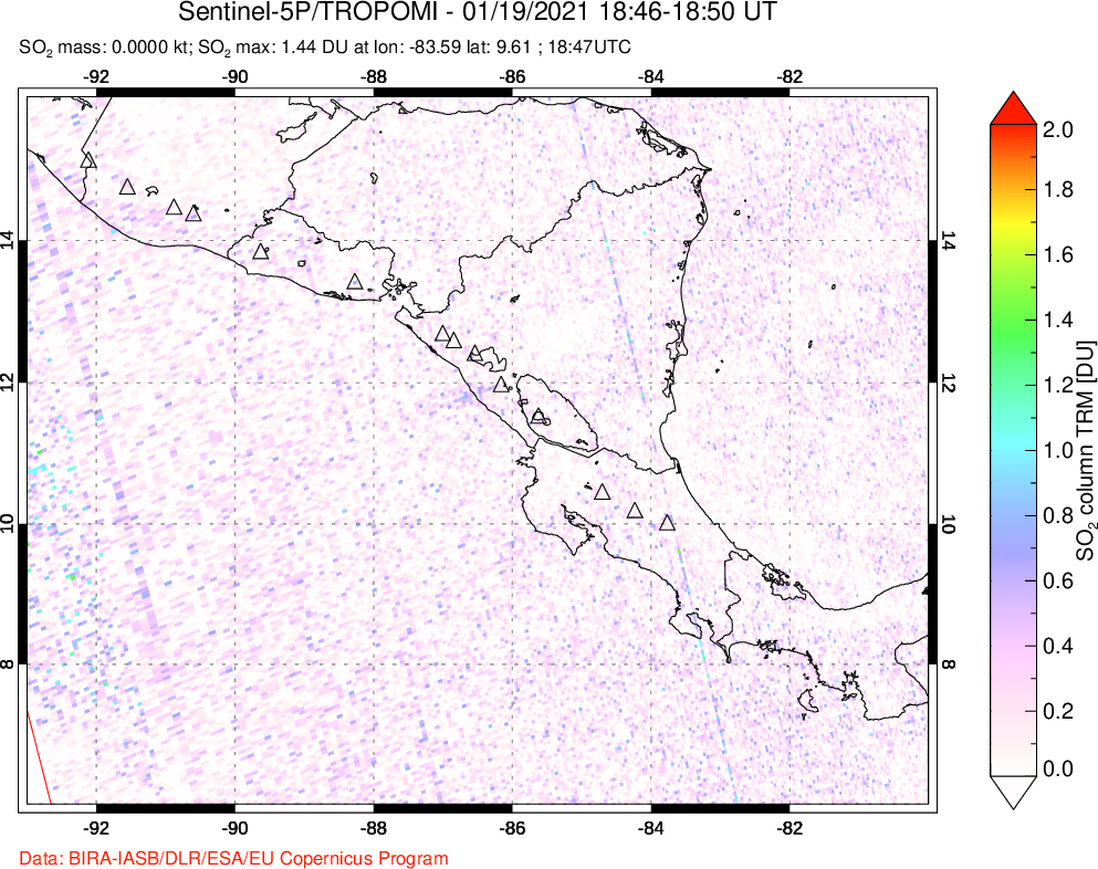A sulfur dioxide image over Central America on Jan 19, 2021.