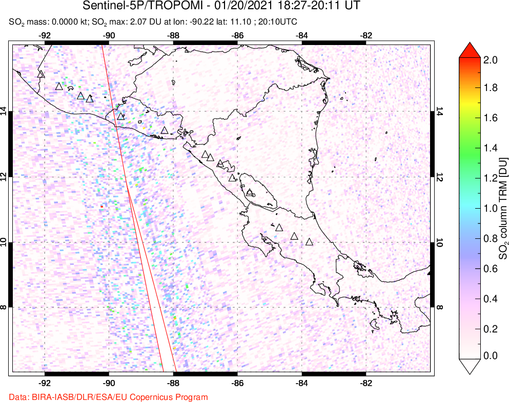 A sulfur dioxide image over Central America on Jan 20, 2021.