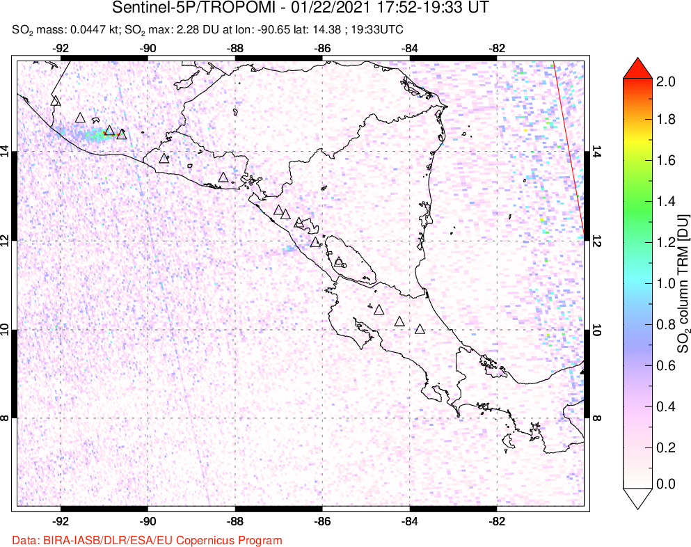A sulfur dioxide image over Central America on Jan 22, 2021.