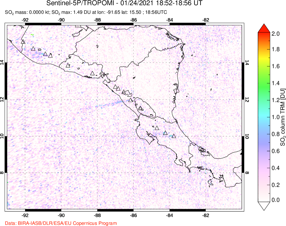 A sulfur dioxide image over Central America on Jan 24, 2021.