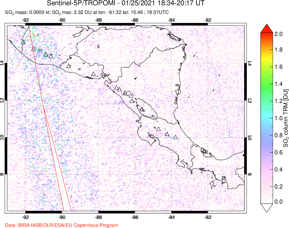 A sulfur dioxide image over Central America on Jan 25, 2021.