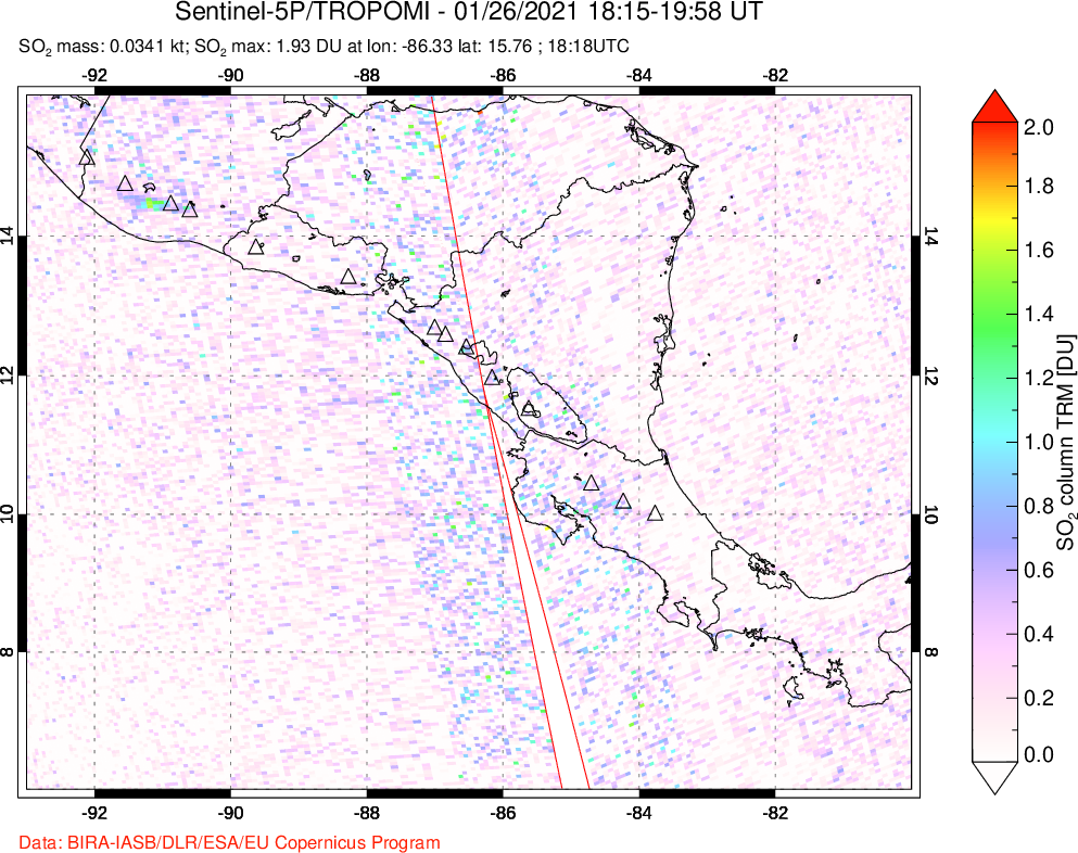 A sulfur dioxide image over Central America on Jan 26, 2021.