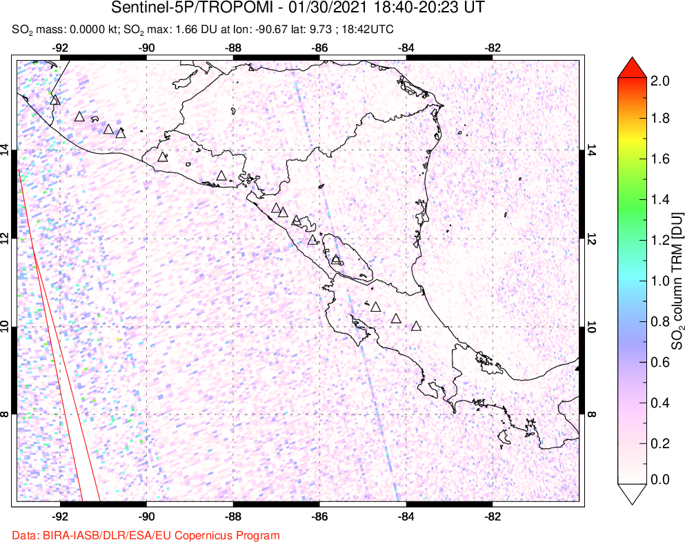 A sulfur dioxide image over Central America on Jan 30, 2021.