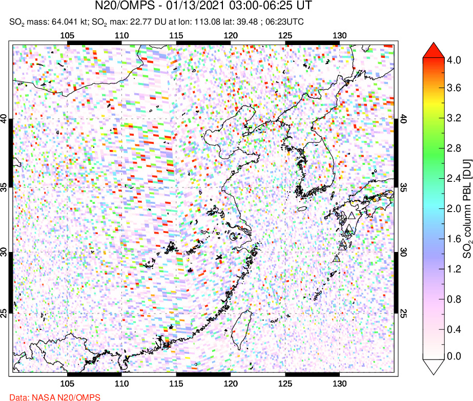 A sulfur dioxide image over Eastern China on Jan 13, 2021.
