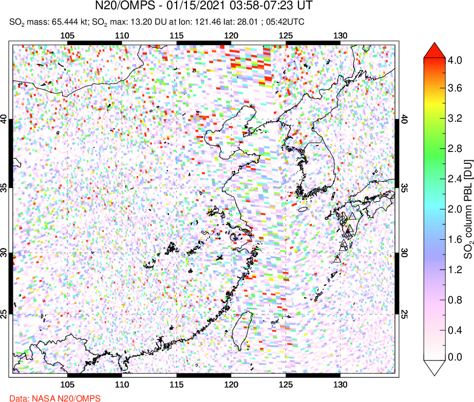A sulfur dioxide image over Eastern China on Jan 15, 2021.