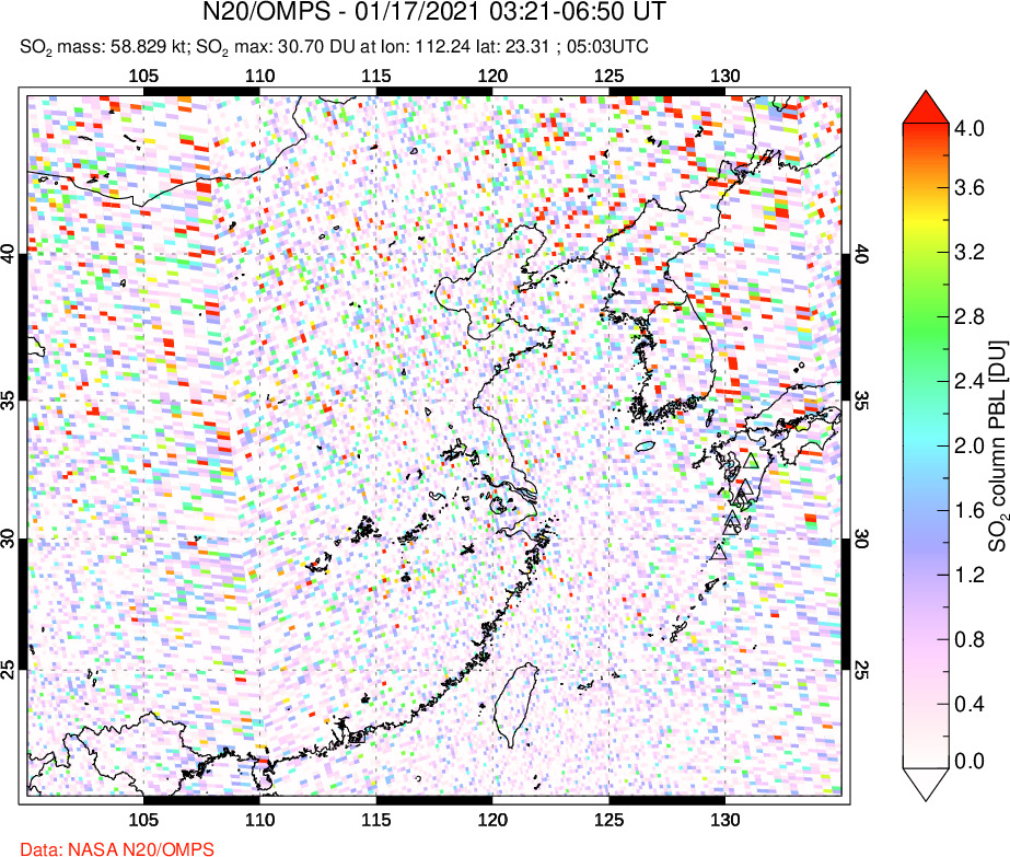 A sulfur dioxide image over Eastern China on Jan 17, 2021.