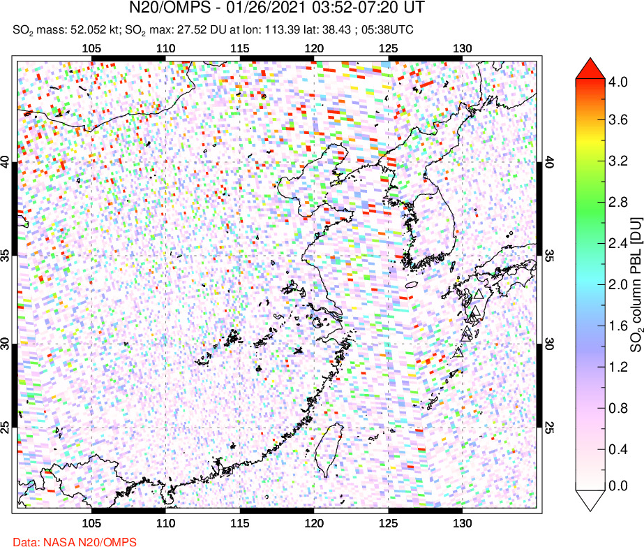 A sulfur dioxide image over Eastern China on Jan 26, 2021.