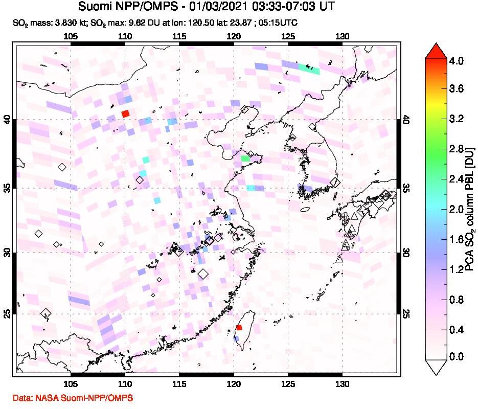 A sulfur dioxide image over Eastern China on Jan 03, 2021.