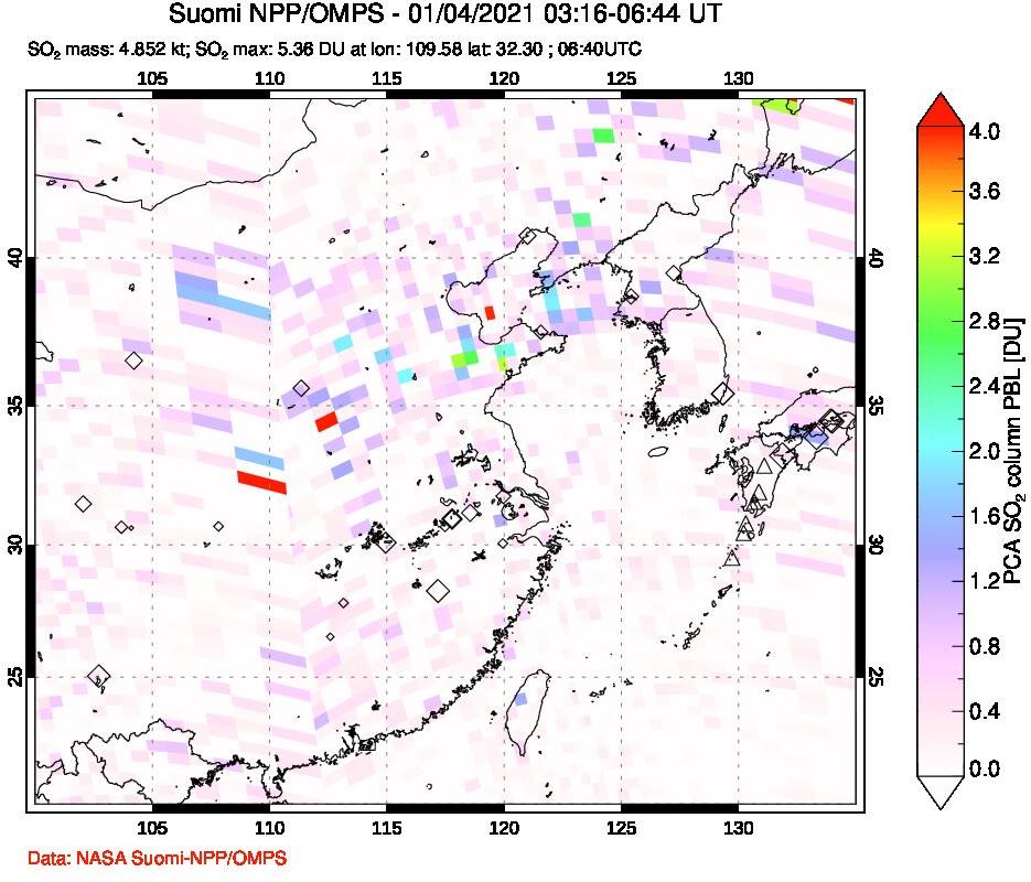 A sulfur dioxide image over Eastern China on Jan 04, 2021.