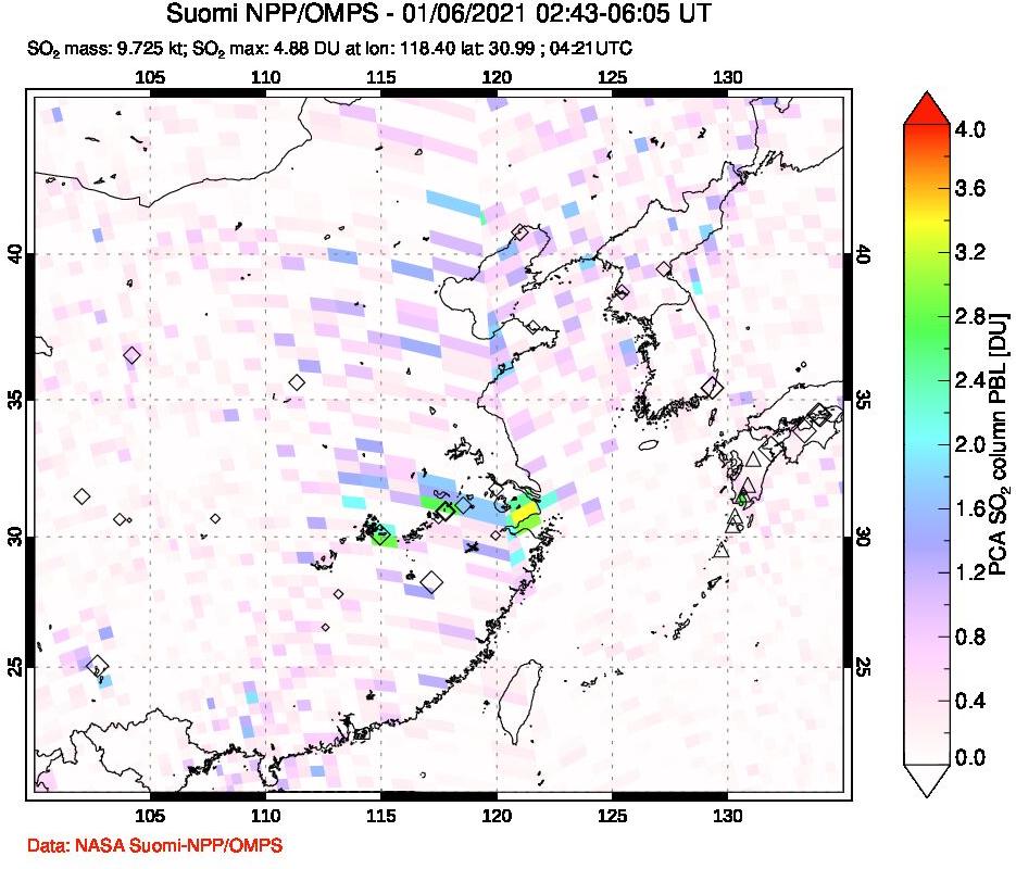 A sulfur dioxide image over Eastern China on Jan 06, 2021.