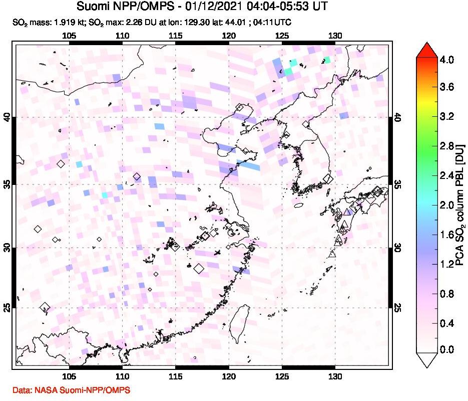A sulfur dioxide image over Eastern China on Jan 12, 2021.