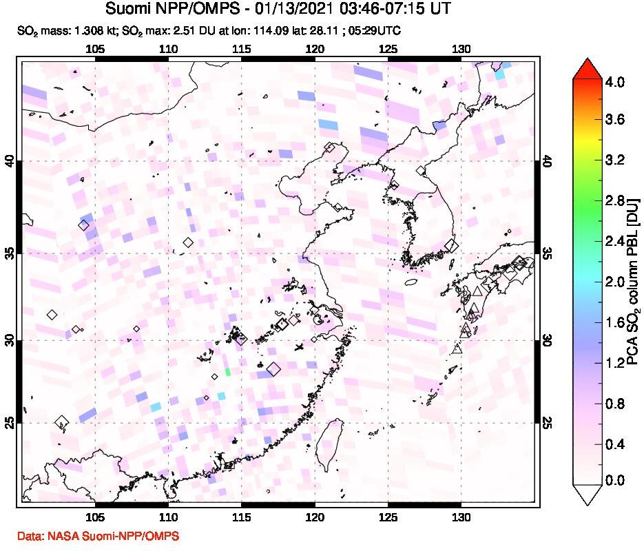 A sulfur dioxide image over Eastern China on Jan 13, 2021.
