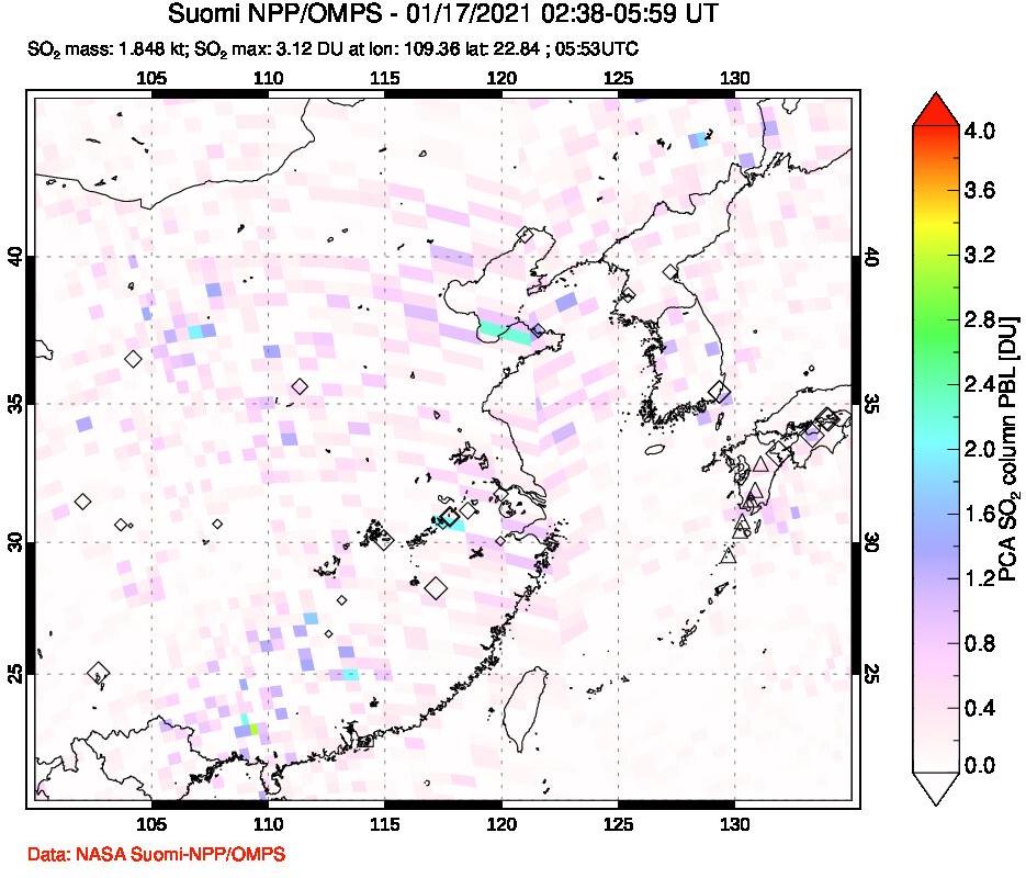 A sulfur dioxide image over Eastern China on Jan 17, 2021.