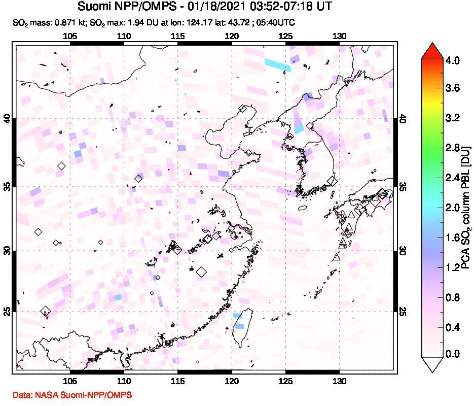 A sulfur dioxide image over Eastern China on Jan 18, 2021.
