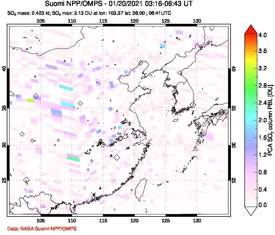 A sulfur dioxide image over Eastern China on Jan 20, 2021.