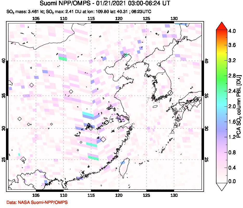 A sulfur dioxide image over Eastern China on Jan 21, 2021.