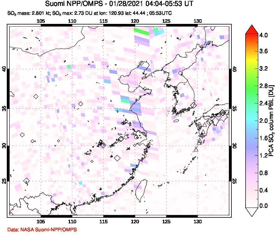 A sulfur dioxide image over Eastern China on Jan 28, 2021.