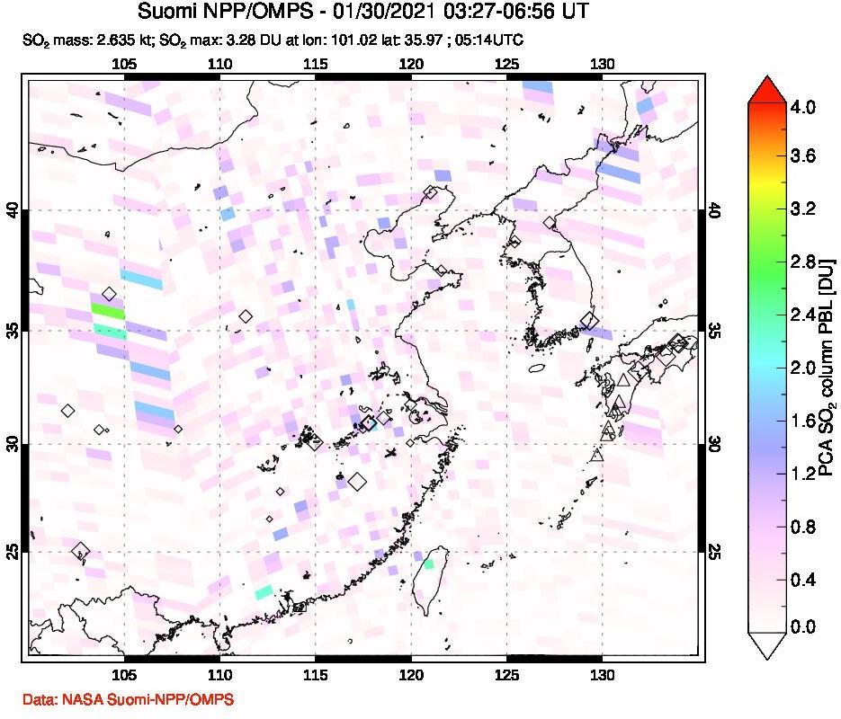 A sulfur dioxide image over Eastern China on Jan 30, 2021.