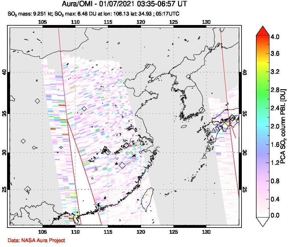 A sulfur dioxide image over Eastern China on Jan 07, 2021.