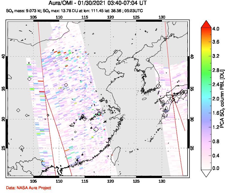 A sulfur dioxide image over Eastern China on Jan 30, 2021.