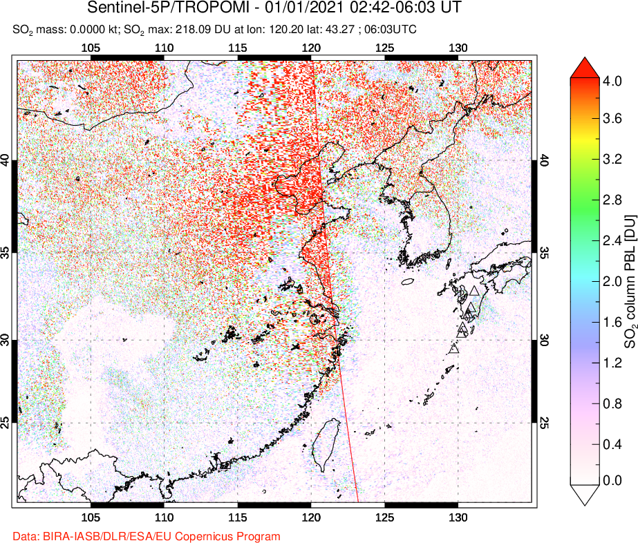 A sulfur dioxide image over Eastern China on Jan 01, 2021.
