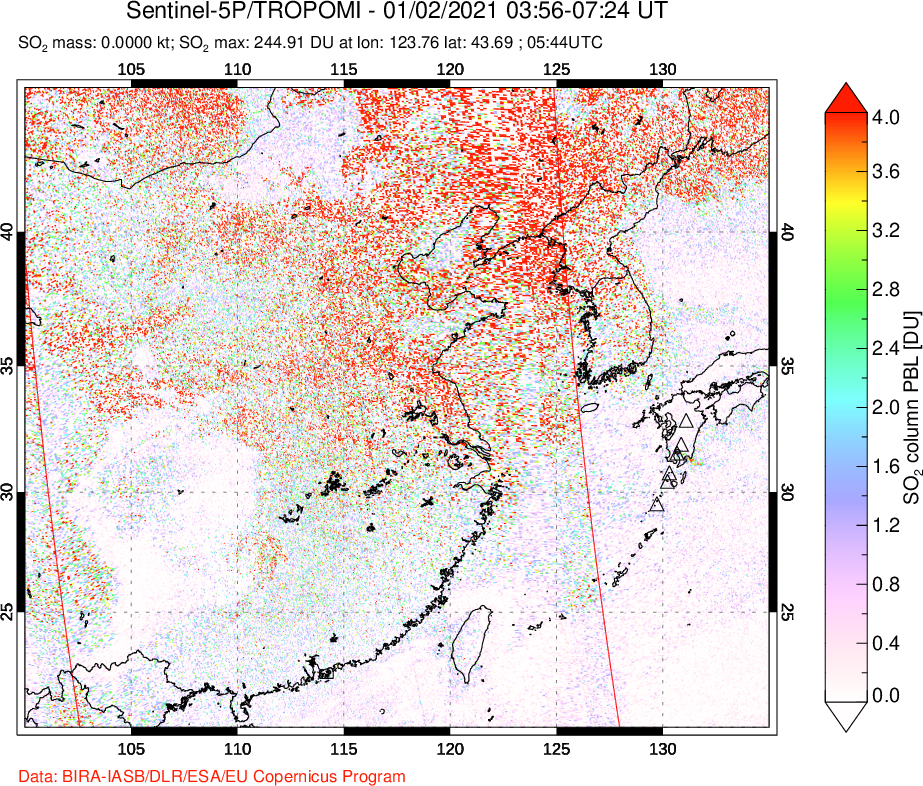 A sulfur dioxide image over Eastern China on Jan 02, 2021.