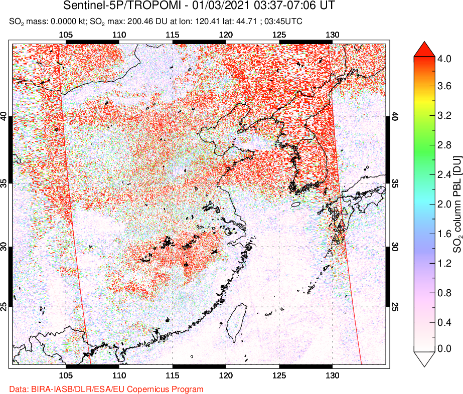 A sulfur dioxide image over Eastern China on Jan 03, 2021.