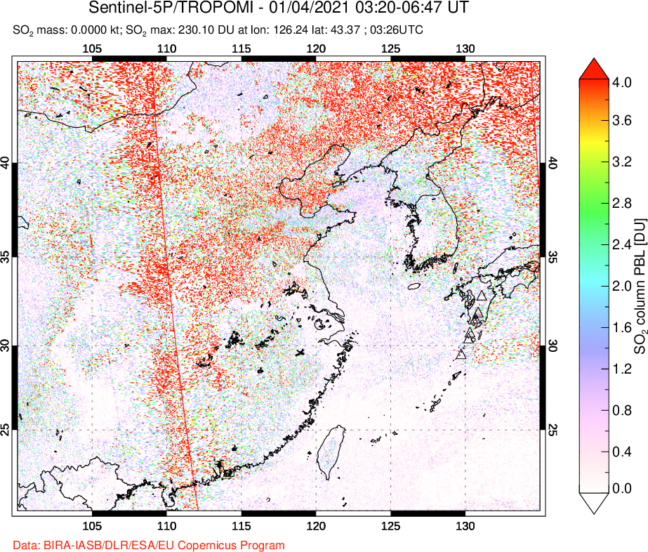 A sulfur dioxide image over Eastern China on Jan 04, 2021.