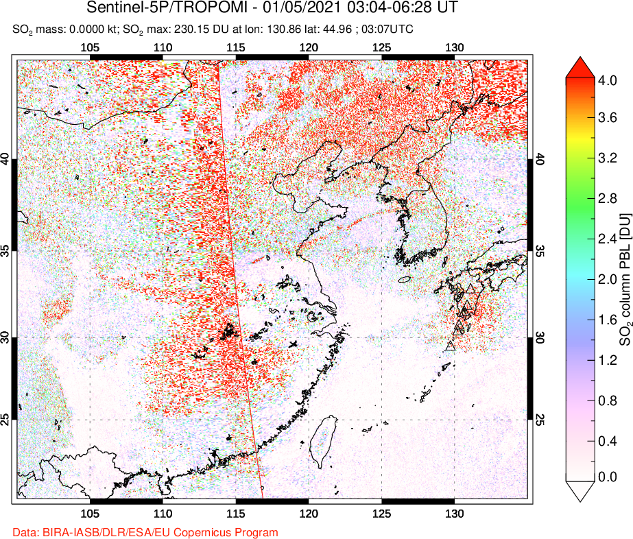 A sulfur dioxide image over Eastern China on Jan 05, 2021.