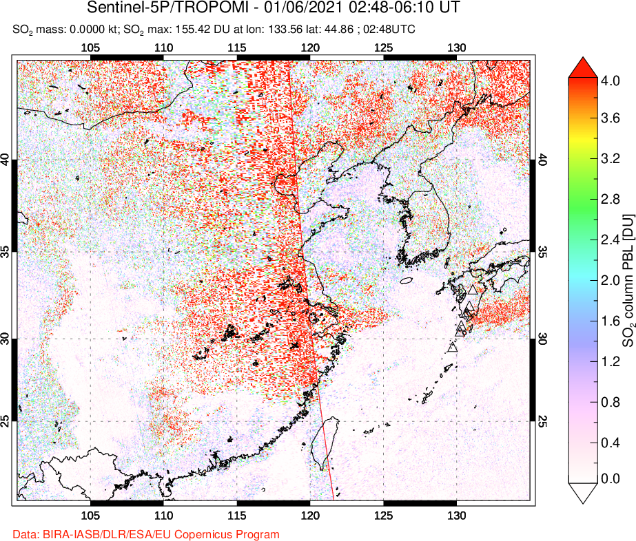 A sulfur dioxide image over Eastern China on Jan 06, 2021.