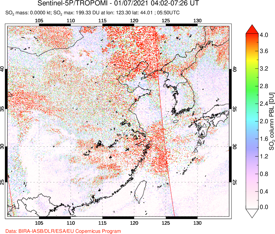 A sulfur dioxide image over Eastern China on Jan 07, 2021.