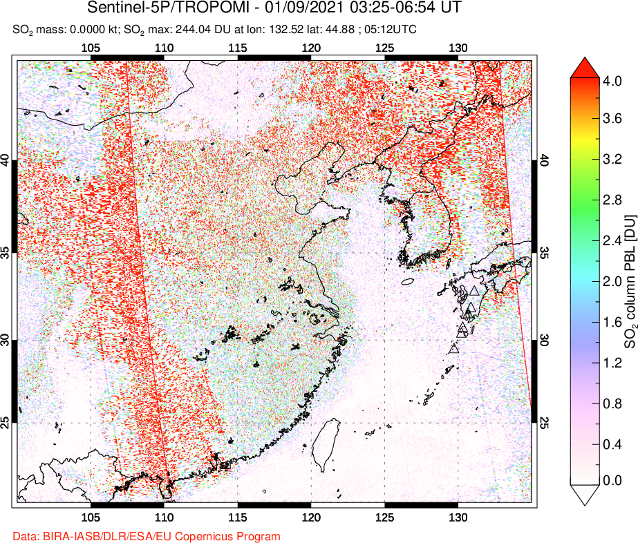 A sulfur dioxide image over Eastern China on Jan 09, 2021.
