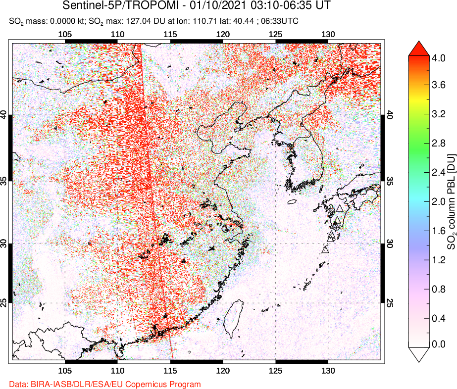 A sulfur dioxide image over Eastern China on Jan 10, 2021.