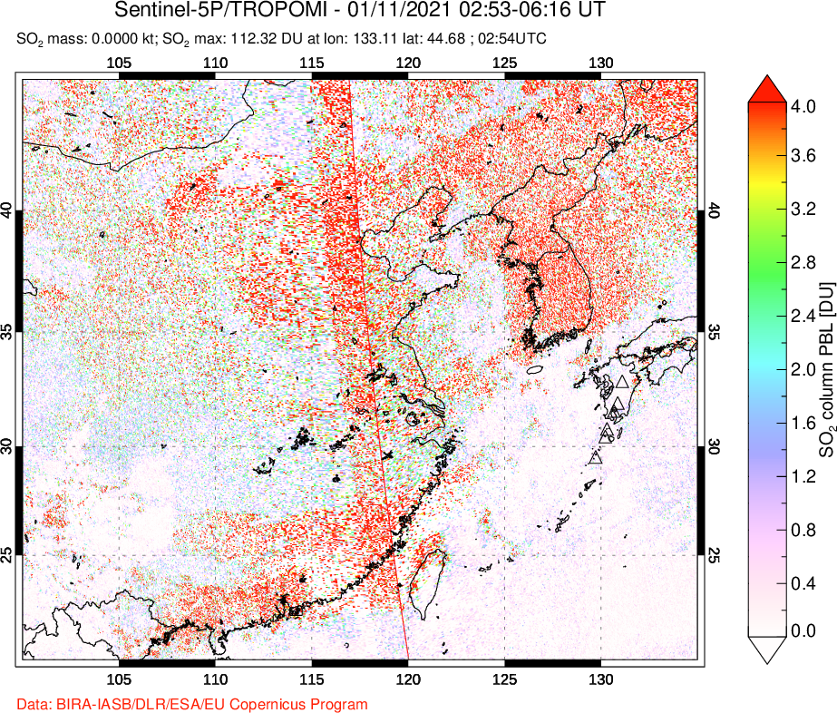 A sulfur dioxide image over Eastern China on Jan 11, 2021.